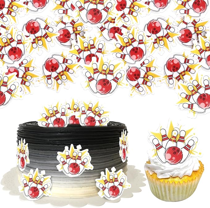 48 PCS Edible Bowling Cupcake Toppers Wafer Paper Sports Ball Cupcake Picks Edible Bowling Birthday Decorations for Sports Theme Baby Shower Boys Girls Player Birthday Party Cake Decoration Supplies