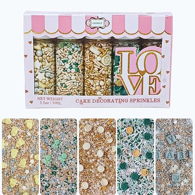 Confect Neutral Baby Shower Sprinkles | Baby Rattle, Onesie & baby Buttons | Gender Reveal Sprinkles | Assorted Pack of 5 Mix Edible Pearls, Jimmies & Star Sprinkle - 5 Oz