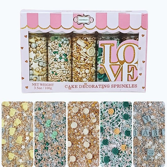 Confect Neutral Baby Shower Sprinkles | Baby Rattle, Onesie & baby Buttons | Gender Reveal Sprinkles | Assorted Pack of 5 Mix Edible Pearls, Jimmies & Star Sprinkle - 5 Oz