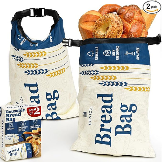 2 Pack Reusable Bread Bags - Perfect To Store Homemade Sourdough Loaf Breads - Special Double-Lock for Longer Freshness - Extra Large Food-Grade Bags - Freezer-Safe Bags for Bread Lovers
