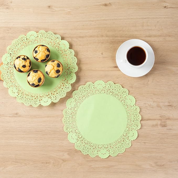 Pastry Tek 12 x 12 Inch Paper Lace Doilies, 100 Disposable Table Doilies - Elegant Lace Finish, Long Lasting, Green Paper Doily, for Pastries, Cupcakes, Desserts - Restaurantware