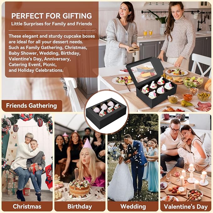 50-Set Cupcake Boxes Bulk with Clear Display Window Hold 6 Standard Cupcakes, Disposable Food Grade Black Cupcake Carrier Cupcake Container, Perfect for Cupcakes Muffins Cookies Pastries