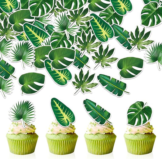 48pcs Edible Tropical Turtle Leaves Cupcake Toppers Wafer Paper Tropical Palm Leaves Cake Toppers For Hawaii Theme Jungle Party Cake Toppers Birthday Party Supplies