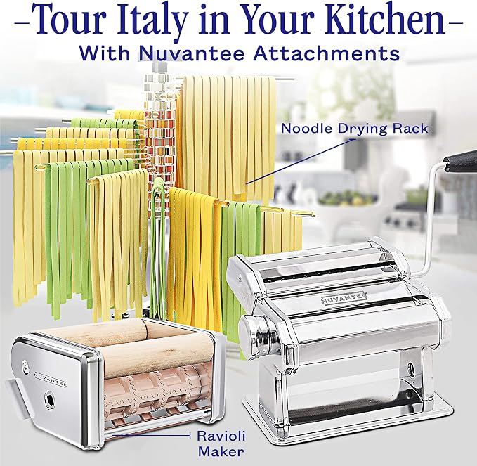 Nuvantee Pasta Maker with Adjustable Thickness Settings - 3 in 1 Noodle Maker with Rollers & 2 Width Cutters for Fresh Spaghetti, Fettuccini, Lasagna, Dumplings & More
