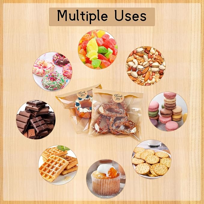 120 Pack Cookie Bags with Seal, 8.3x9.8 Inch Self Sealing Paper Bakery Bags with Window, Heat Sealable & Grease Resistant To Go Sleeves for Donuts Treat Brownie Waffle Sandwiches