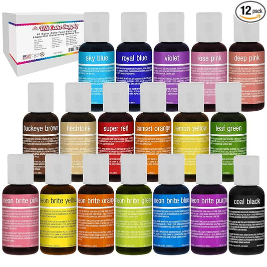 18 Color Cake Food Coloring Liqua-Gel Decorating Baking Set - 12-Primary & 6-Neon Colors – U.S. Cake Supply 0.75 fl. oz. (20ml) Bottles - Made in the U.S.A.