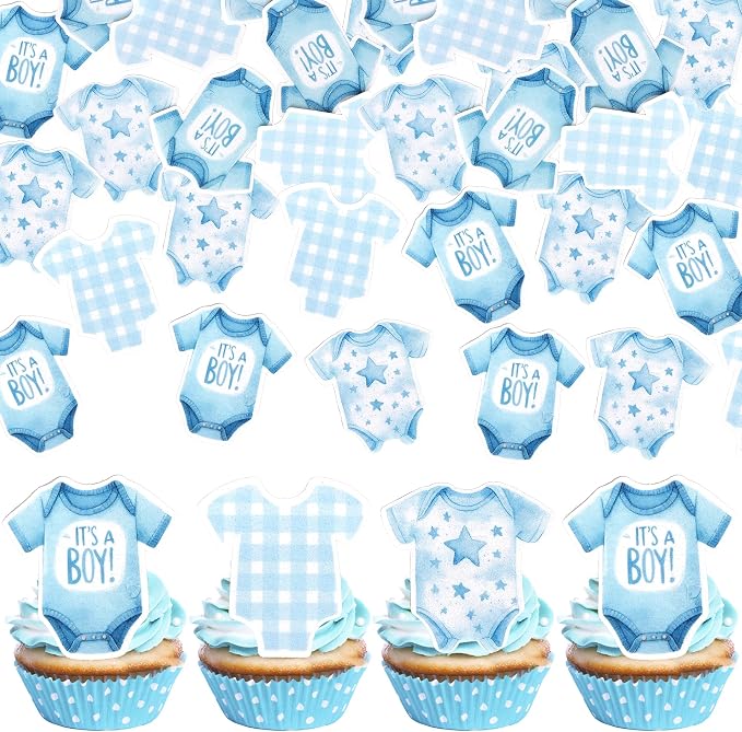 60 PCS Edible Bodysuit Cupcake Toppers Wafer Paper It's a Boy Cupcake Picks Edible Blue Gingham Theme Party Decorations for Boys Birthday Gender Reveal Baby Shower Party Cake Decorations Supplies