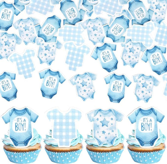 60 PCS Edible Bodysuit Cupcake Toppers Wafer Paper It's a Boy Cupcake Picks Edible Blue Gingham Theme Party Decorations for Boys Birthday Gender Reveal Baby Shower Party Cake Decorations Supplies