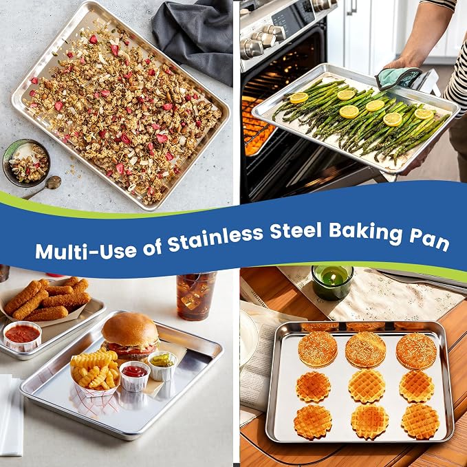 BIEAMA 12 Pack Stainless Steel Toaster Oven Baking Sheets, 9 x 7 in | Stainless steel pans with no chemical coating, mirror-polished finish and rolled edges; dishwasher safe, oven safe to 500°F.