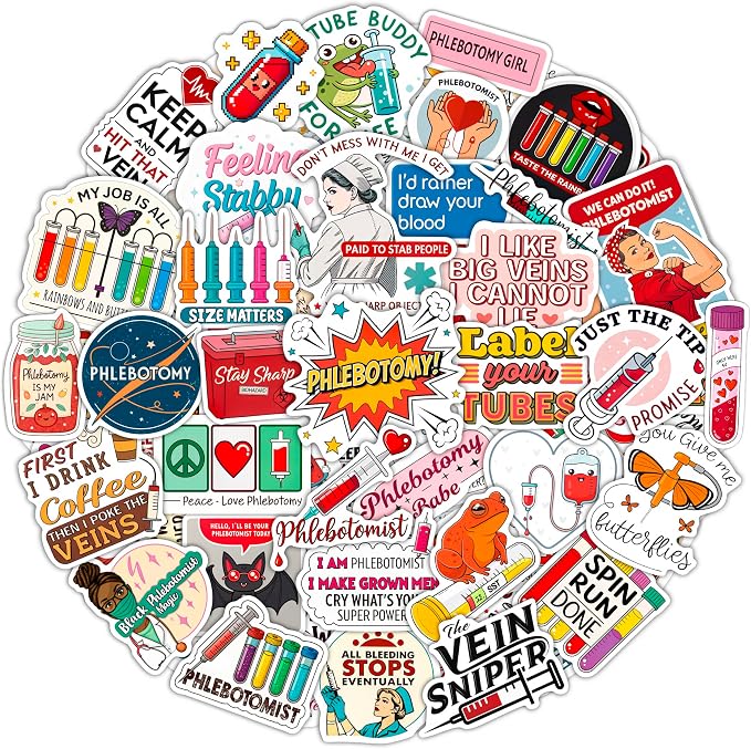 100Pcs Phlebotomy Stickers for Water Bottle, Laptop - Funny Phlebotomy Gifts for Phlebotomist - Phlebotomist Party Supplies & Decorations for Lab Week - Gift for Women & Men