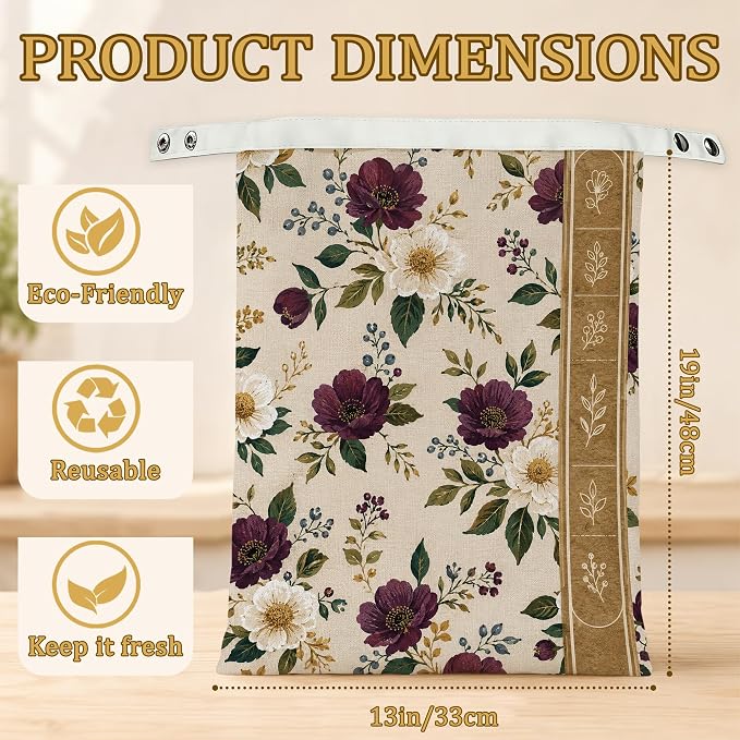 2 Pack Beeswax Burgundy Floral Bread Bags for Sourdough Homemade Breads, Reusable Beeswax Bread Ivory Botanical Storage Bag, Keep Loaves Fresh Longer, Freezer Safe & Airtight, Zero Waste 17 x 13''