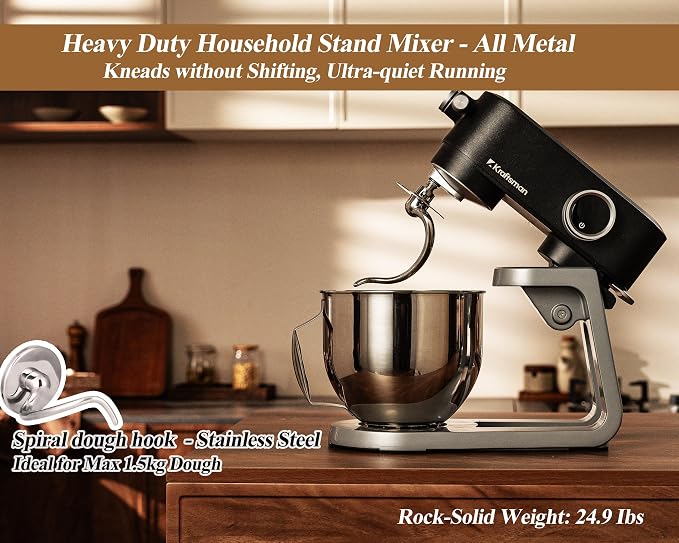 All Metal Stand Mixer DC Motor - 5.3 QT Heavy Duty Pizza Dough Mixer with 4 Stainless Steel Attachments, Quiet Operation with Timer, Verstile Standing Mixer with Power Hub, 8-Speed (Black)