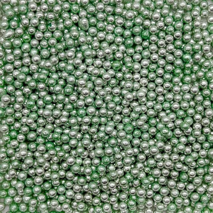 Dynastang 4mm Silver Green Pearls Sprinkles Edible Pearls Cake Decorating Stars Cake Decorations Cupcake Toppers Cookie Decorating Perfect for Cakes, Cupcakes, Desserts Toppings 3OZ