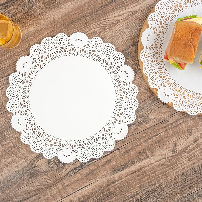 Restaurantware Pastry Tek 12 x 12 Inch Lace Doilies 100 Decorative Tableware Placemats - Disposable Round White Paper Table Doilies For Birthdays Or Weddings Table Decor