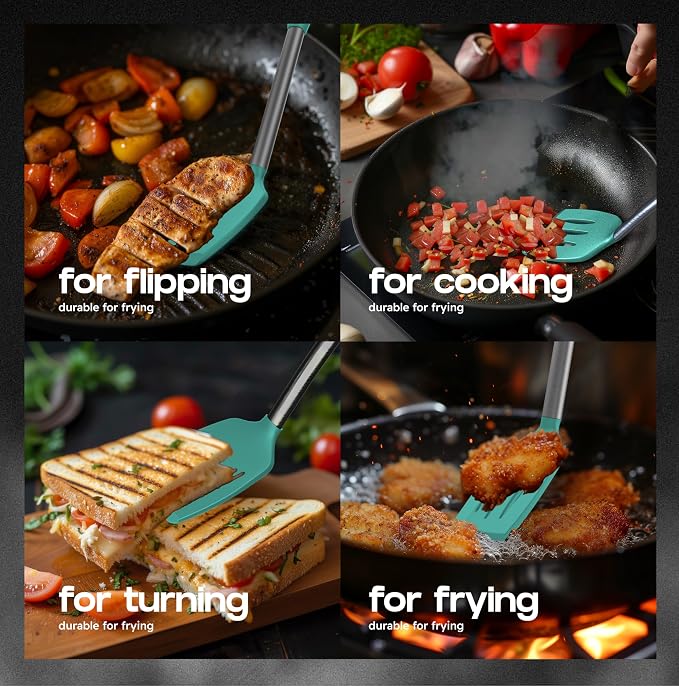 BakeRoyal Silicone Spatula Set - Turner Spatulas Silicone Heat Resistant 600°F - Slotted & Solid Spatula for Cooking Fish, Eggs, Pancakes Flipper – Spatulas for kitchen use – Turquoise