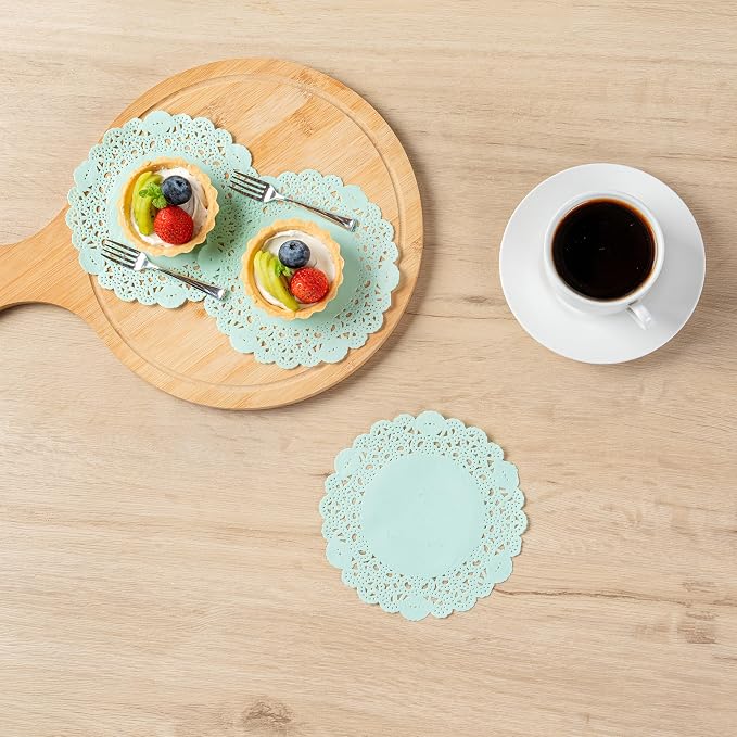 Restaurantware-Pastry Tek 6 x 6 Inch Paper Lace Doilies, 4000 Disposable Table Doilies - Elegant Lace Finish, Long Lasting, Teal Paper Placemat, for Pastries, Cupcakes, Desserts