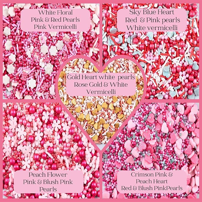 Pretty in Pink, Gold & White Pearl Sprinkles Mix – Edible Heart Sprinkles for Cakes, Cupcakes, Cookies – Spring, Birthday & Baking Decorations – Pack of 5 | Vegan, Gluten-Free, Nut-Free, Soy-Free, Dairy-Free, Palm Oil-Free- 5 Oz
