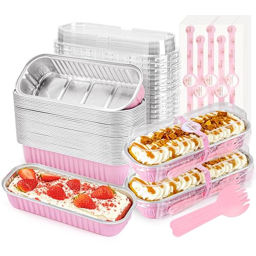 NPLUX 100 Pack Mini Cake Pans with Lids and Spoons Rectangular Aluminum Foil Baking Pans Mini Cheesecake Containers, Graduation Gifts Party Favors(6.8oz)