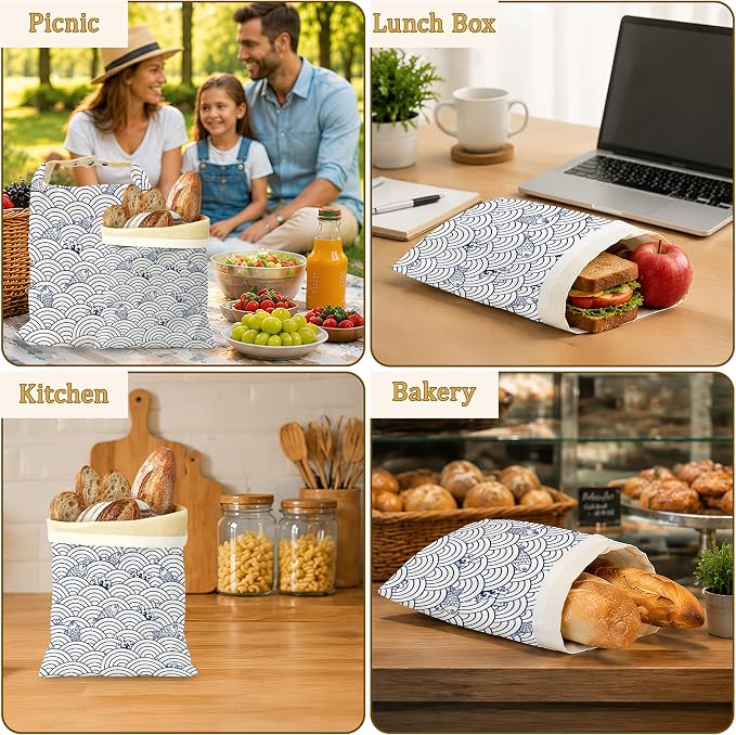 2 Pack Beeswax Japanese Wave Fish Bread Bags for Sourdough Homemade Breads, Reusable Beeswax Bread Blue Ocean Storage Bag, Keep Loaves Fresh Longer, Freezer Safe & Airtight, Zero Waste 17 x 13''