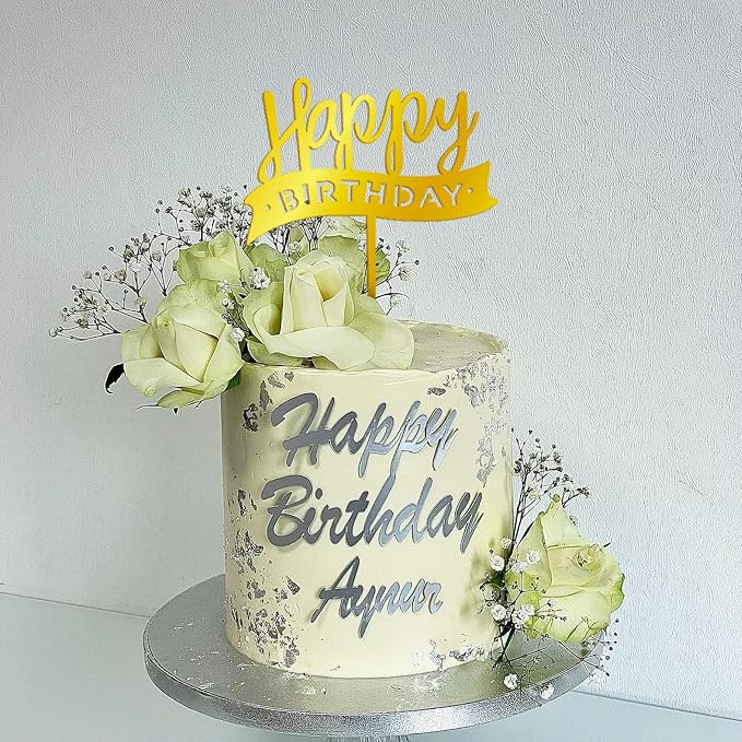 32 PCS Gold Happy Birthday Cake Toppers Flower Acrylic Birthday Cake Topper Cake Pick Decorations (Gold)