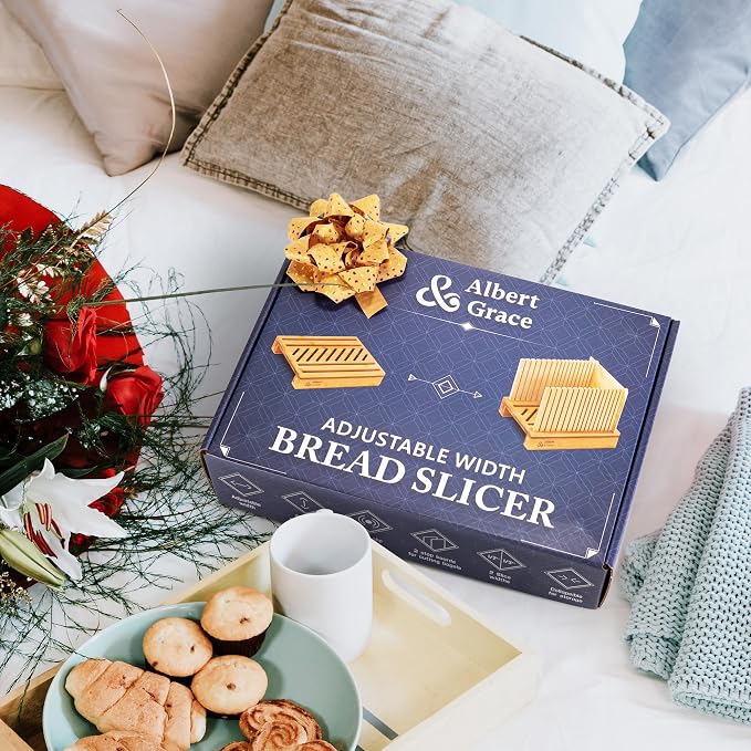 Albert & Grace Adjustable Bread Slicer – Premium Cross-Laminated Bamboo, High 6.1” Guides, 3 Width Settings, 2 Slice Thicknesses – Folds Flat – Perfect for Sourdough, Homemade Loaves & Bagels
