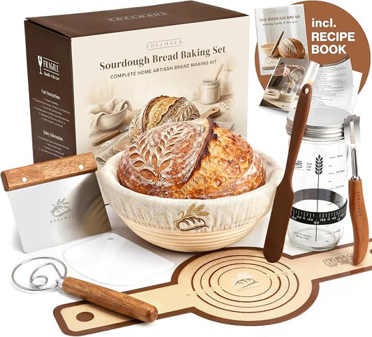 EDELHAUS Banneton Proofing Basket Complete Set Round – Complete Sourdough Bread Baking Kit with Banneton Basket, Dough Tools, Sourdough Starter Jar, Bread Lame, Bench Scraper & Baking Mats