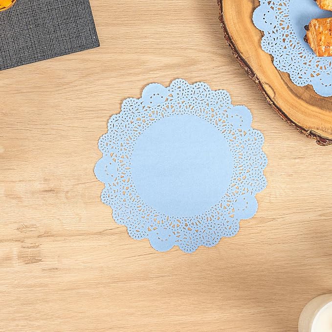 Restaurantware-Pastry Tek 8 x 8 Inch Paper Lace Doilies, 4000 Round Disposable Table Doilies - Elegant Lace Finish, Long Lasting, SkyBlue Paper Lace Doilies, for Pastries, Cupcakes, Desserts