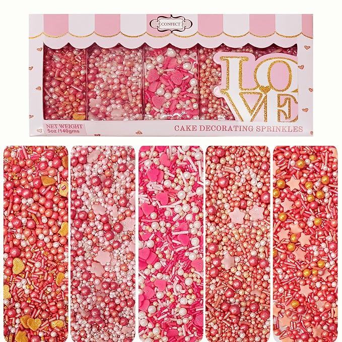 Confect Pink, White & Gold Heart & Flower Sprinkles Mix – Edible Sprinkles for Baking, Cake & Cupcake Decorations – Valentine’s Day Sprinkles – Festive Edible Baking Toppers | Vegan, Gluten-Free, Nut-Free, Soy-Free, Dairy-Free, Palm Oil-Free- 5 Oz