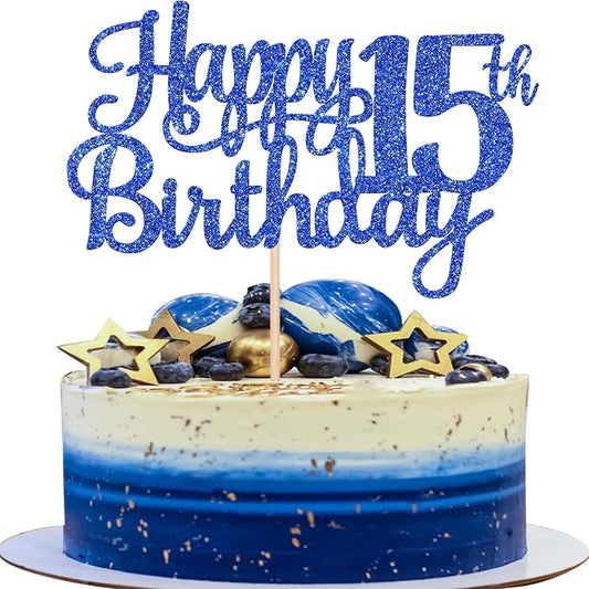 1 PCS Happy 15th Birthday Cake Topper Glitter Cheers to 15 Years Birthday Cake Pick Mis Quince 15 Fabulous Cake Decoration for Happy 15th Birthday Theme Party Decorations Supplies Blue