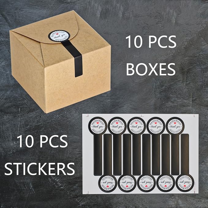 WEWILUCK Brown Gift Box with Stickers, 10 Pack Small Cute Boxes for Gifts, Candy, Cookie, Chocolate, Craft, Candle, Party, Birthday and More(4.75” x 4.75” x 3.53”)