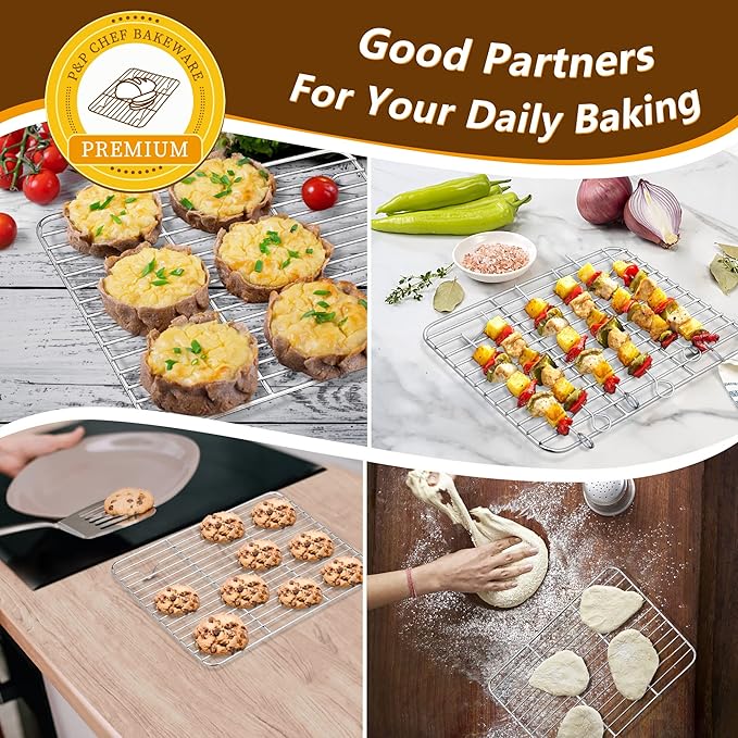 P&P CHEF 10.4 Inch Toaster Oven Pans with Racks, 4 Pieces Stainless Steel Oven Tray Baking Pan Sheet and Cooling Rack for Oven Cooking Roasting, Non Toxic & Dishwasher Safe