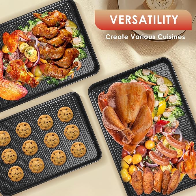 Baking Sheet Pan Set of 3, Nonstick Carbon Steel Cookie Sheets with Texture | Commercial Half/Quarter/Jelly Roll Pans Replacement Toaster Oven Tray, Heavy Duty & Easy Clean, Black