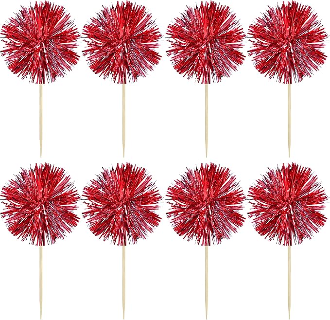 Gyufise 30Pcs Foil Firework Cupcake Toppers Sparkle Tinsel Cake Toppers Tinsel Drink Cake Decoration Cocktail Picks for Birthday Wedding Graduation Party Supplies Dark Red