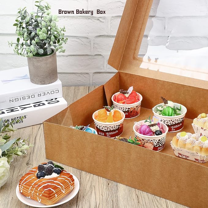 Gersoniel 19x14x4 Inch Half Sheet Cake Boxes Large Rectangle Bakery Boxes with Window Cardboard Treat Packaging Bakery Take out Containers for Pastry Baking Donuts Cupcake Pie(Brown,10 Pack)