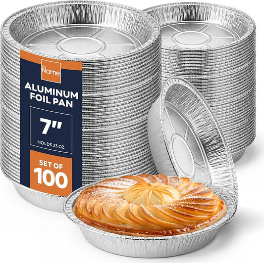 The Name 7" Round 100 Pack Aluminum Foil Pans Disposable Pie Tins, Mini Pans, Tart Baking Trays, Oven/Freezer Safe, Perfect for Apple Pie, Pumpkin Pie, Quiche, Pot Pie, Cobbler, Catering/Food Service