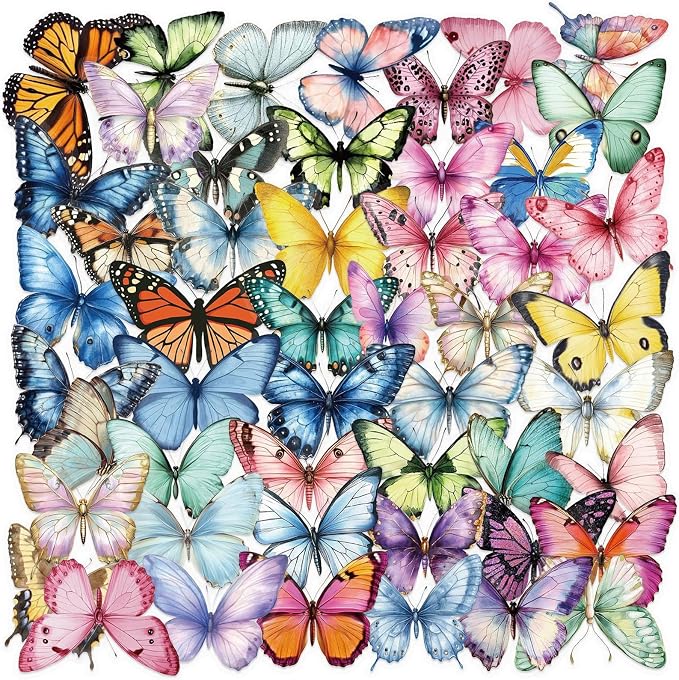 Butterfly Transparent PET Stickers Pack, 50PCS, Colourful-B5 | Aesthetic Colorful Lifelike, Waterproof Vinyl, For Scrapbook Party Favors, For Teens Adults