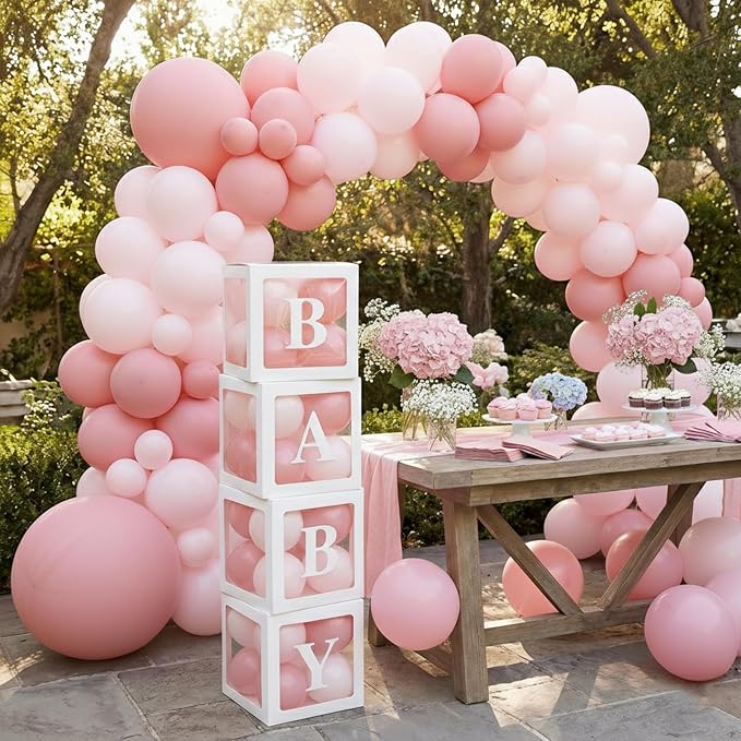 154Pcs Coquette Pink Bow Baby Shower Decorations for Girl - Soft Pink Balloon Arch Garland Kit with 4 Baby Boxes - DIY Long Balloons for Bows, Princess Birthday Party Supplies, Gender Reveal