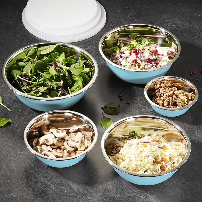 WHYSKO Stainless Steel Mixing Bowl Set, 10 Piece Stainless Steel Mixing Bowls with Lids Set for Food Prep Storage and Serving, Dishwasher Safe for Kitchen Baking Cooking, Light Blue