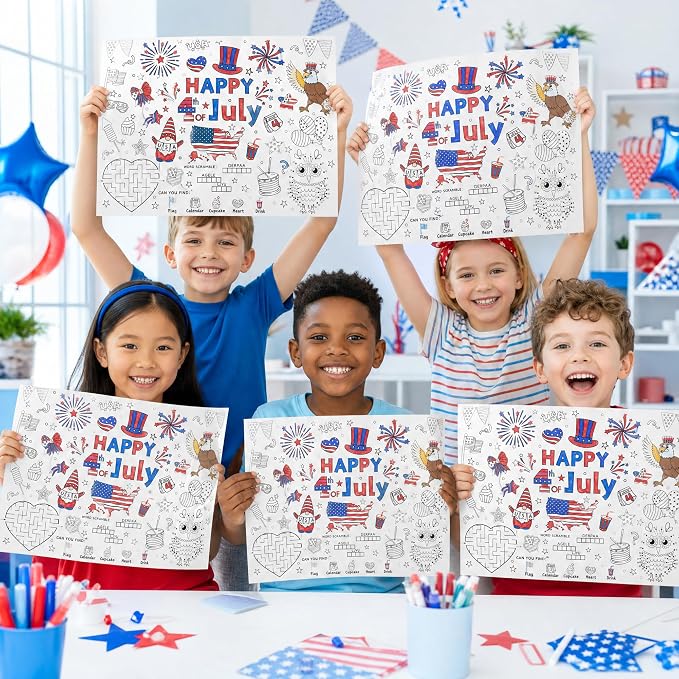 45pcs 4th of July Disposable Coloring Placemats Independence Day Crafts for Kids Patriotic Party Favors Coloring Poster American Flag Fireworks Activity Church Supplies Paper Table Mats