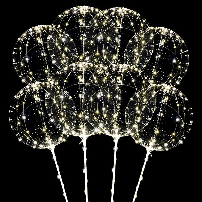 10 Pack Big Light Up BOBO Led Balloons with Sticks - Clear Balloons with Lights, Glow in the Dark, Flicker in the Daylight - Perfect Glow Party Supplies for Birthday, Wedding, Graduation, Warm White