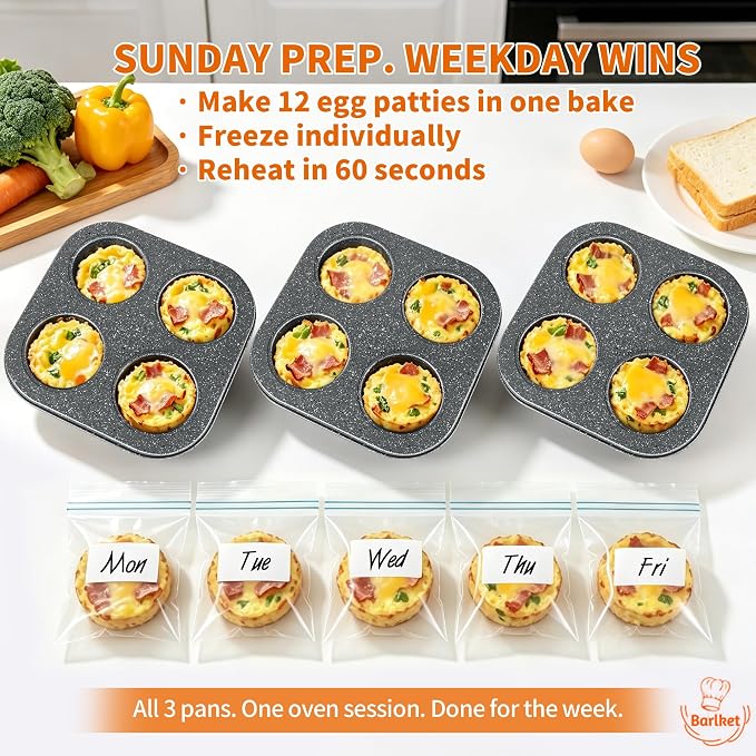 3-Pack 4-Cup Muffin Pan, Nonstick Granite Coating Carbon Steel Cupcake Pan Set, Standard Muffin Tin for Air Fryer Small Oven Baking, Easy Release, Nests Flat for Storage