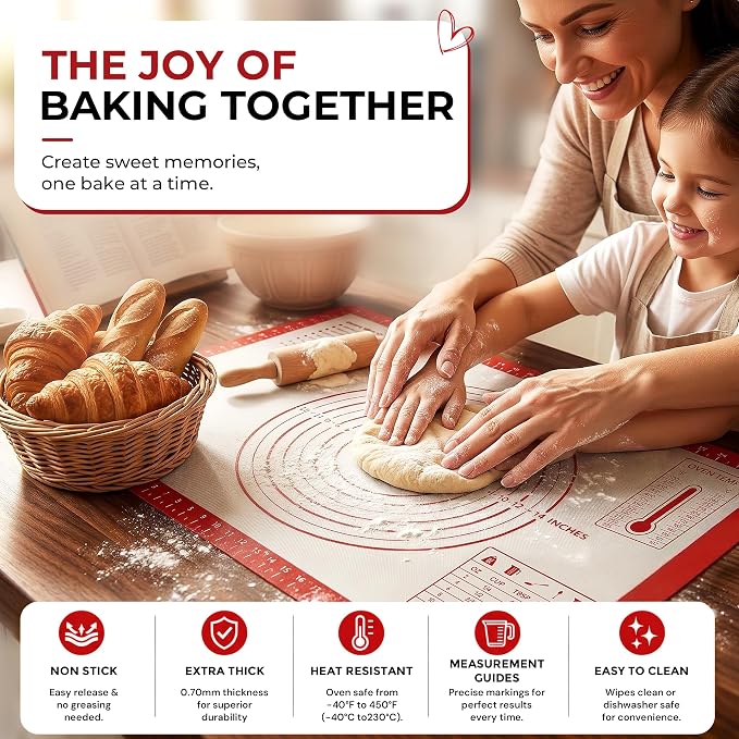 XL Silicone Pastry Mat for Baking, Extra Large 28x20 in, Non-Stick & Non-Slip Dough Mat for Rolling Out with Measurements, Bread, Pizza, Pie Crust, Cookies, Fondant,Oven Safe, Dishwasher Safe (Red)