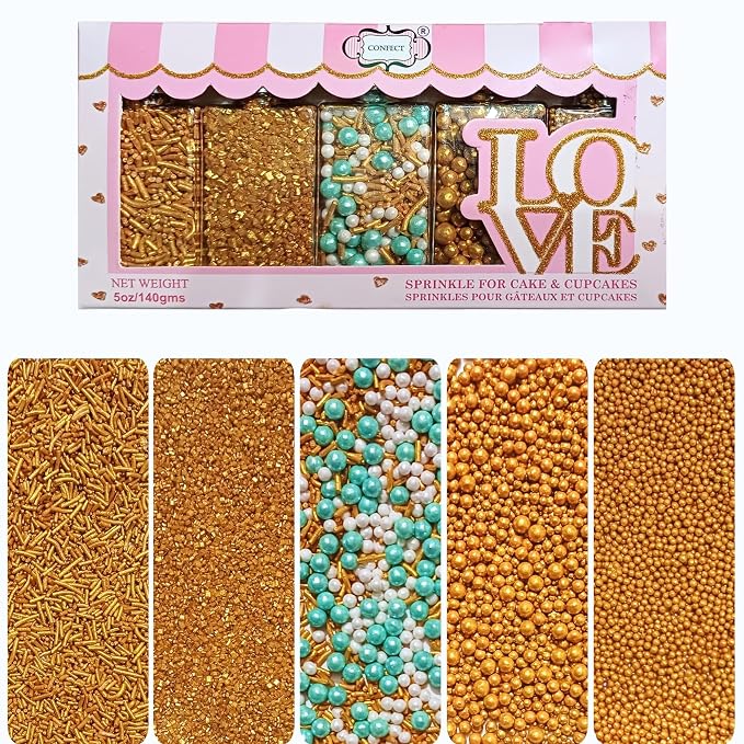 Confect Celebration Sprinkles Mix – Yellow, Teal, Pearl Dragees, Champagne Gold Jimmies & Sparkling Sugar – Cake & Cupcake Decorating Sprinkles for Spring, Parties, and Baking Decor | Vegan, Gluten-Free, Nut-Free, Soy-Free, Dairy-Free, Palm Oil-Free - ...