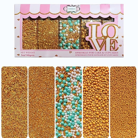 Confect Celebration Sprinkles Mix – Yellow, Teal, Pearl Dragees, Champagne Gold Jimmies & Sparkling Sugar – Cake & Cupcake Decorating Sprinkles for Spring, Parties, and Baking Decor | Vegan, Gluten-Free, Nut-Free, Soy-Free, Dairy-Free, Palm Oil-Free - ...