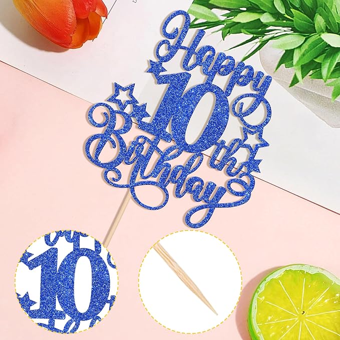 1 PCS Happy 10th Birthday Cake Topper Glitter Cheers to 10 Years Birthday Cake Pick Hello 10 Fabulous Cake Decoration for Happy 10th Birthday Anniversary Party Decorations Supplies Blue