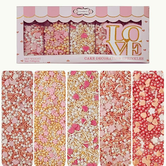 Confect Valentine’s Day Edible Sprinkles Mix – Gold, White & Pink Pearls with Stars & Hearts – Decorative Baking Sprinkles for Cakes, Cupcakes, Cookies & Birthdays- Vegan, Gluten-Free, Nut-Free, Soy-Free, Dairy-Free, Palm Oil-Free -5 Oz