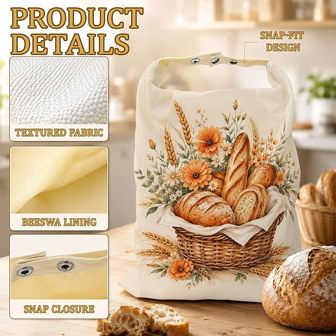 2 Pack Beeswax Basket Floral Bread Bags for Sourdough, Reusable Linen Golden Wheat Bread Bag 17x13'' Food Storage Cloth Bag Freezer-Friendly & Freshness Preservation