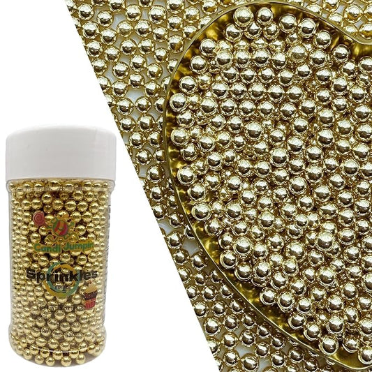 CandiJumpin 4mm Gold Sugar Pearls, Small Edible Pearls Gold Pearl Sprinkles for Cake Decorating Edible Cake Decorations Pearl Sugar Sprinkles Cupcake Toppers Baby Shower Party Birthday Wedding Christmas Supplies 3 OZ