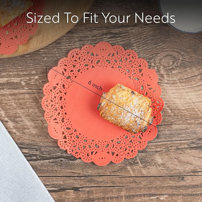 Restaurantware Pastry Tek 6 x 6 Inch Lace Doilies 100 Decorative Tableware Placemats - Disposable Round Red Paper Table Doilies For Birthdays Or Weddings Table Decor