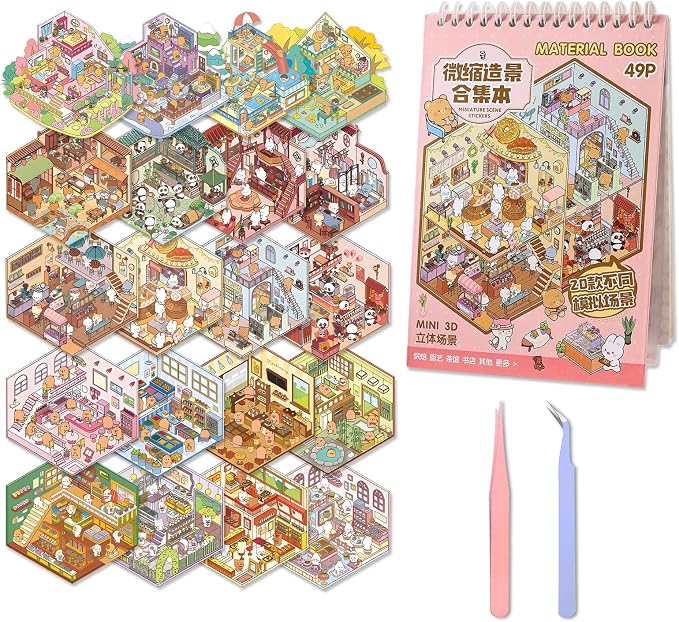 20 in 1 DIY Sticker Book for Adults,Book Stickers 3D Sticker Therapy 3D Scenes,Scene Stickers Include Bakeries, Coffee Shops, Burger Joints, Restaurants